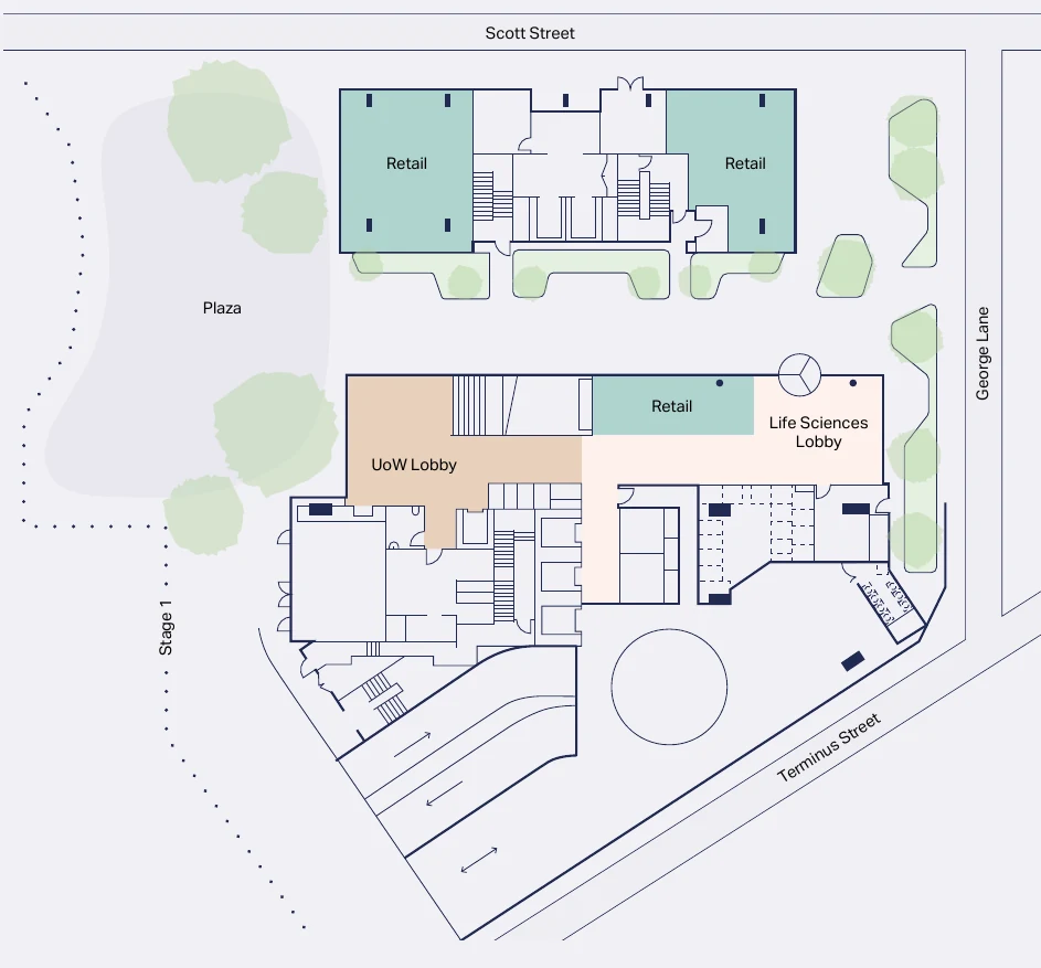 Ground-floor plan showing the life sciences lobby, university lobby, retail and plaza