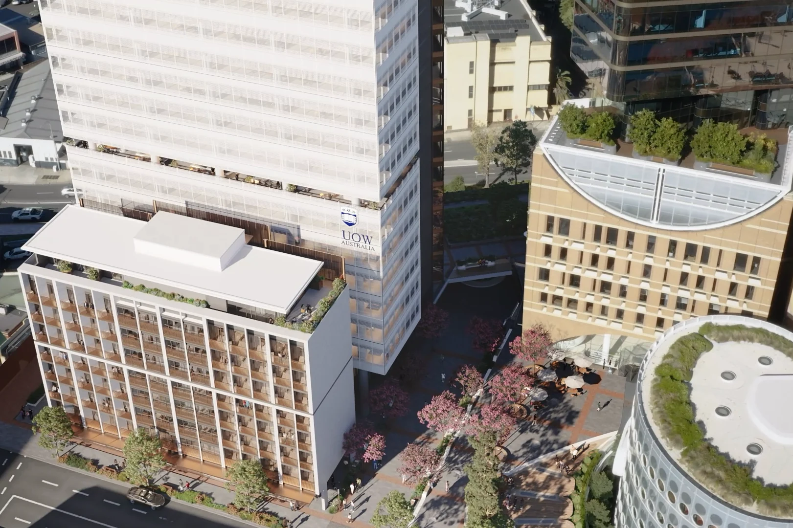 Daylight aerial rendering of Helix Hub and Liverpool Civic Place